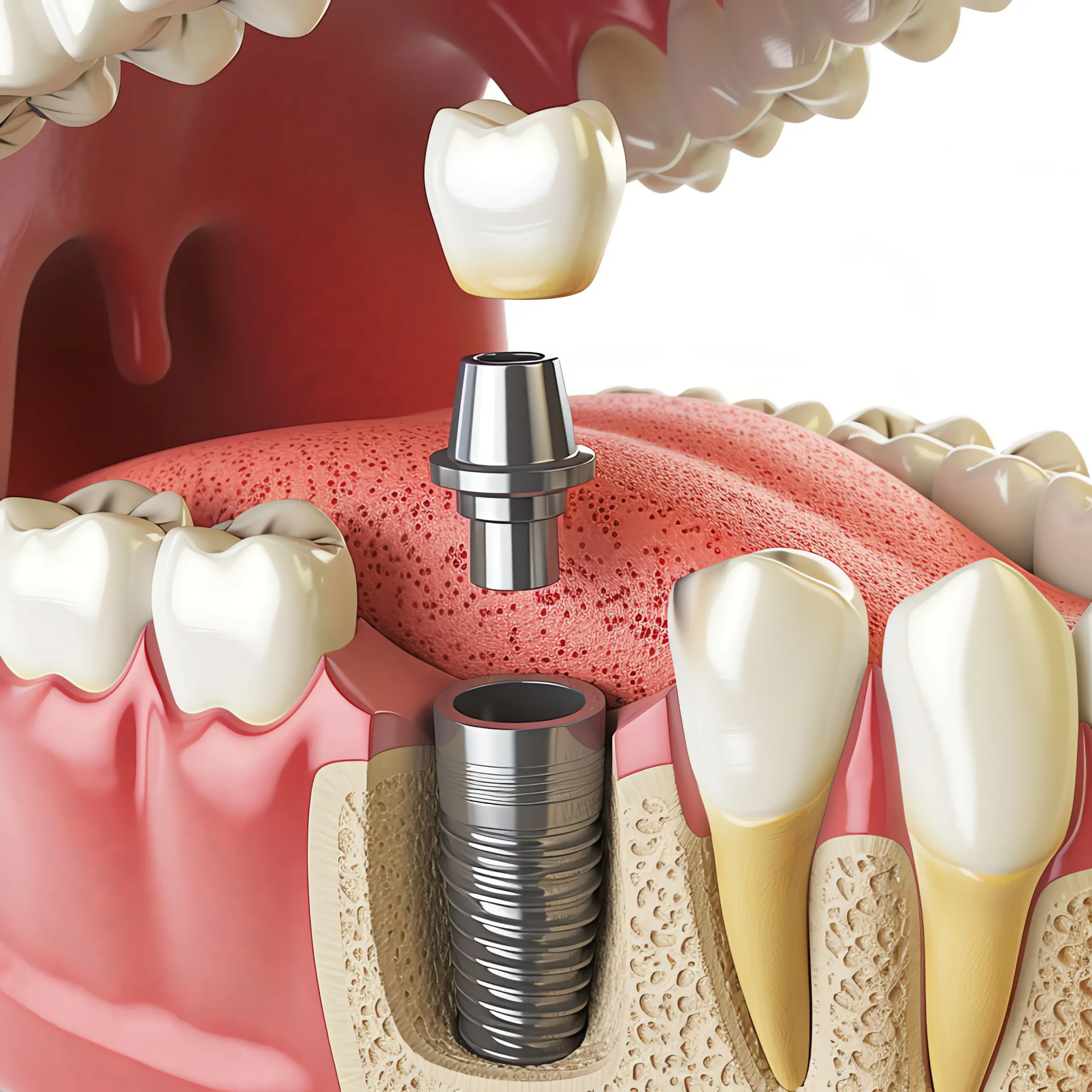 a 3D model of a human jaw with teeth and dental implants
