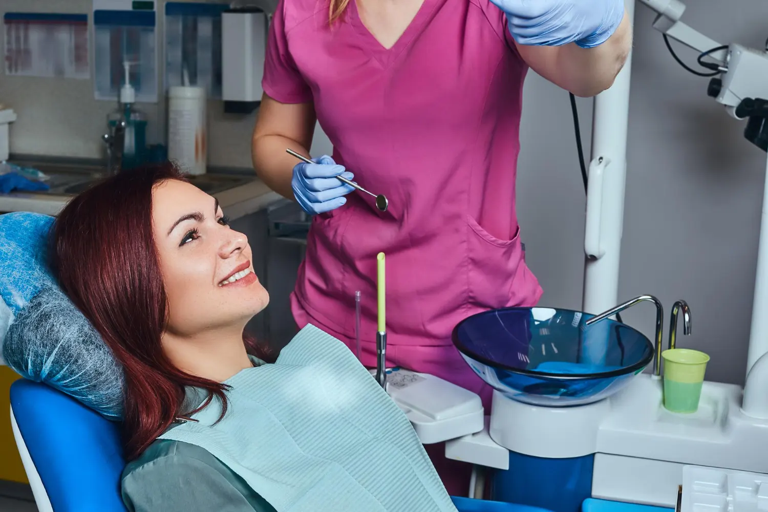 Women on a dentists chair | All on 4 dental implant banner. Nashville dentures and implants.